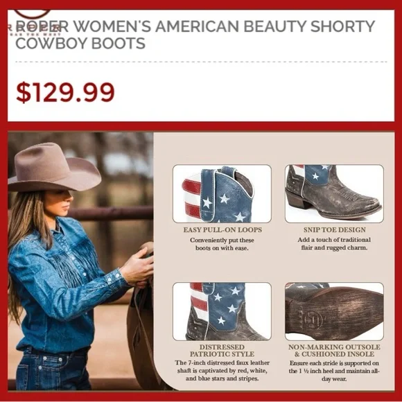 Roper® Women’s American Flag Shorty Cowgirl Boots- Size 10 - USA American Beauty - Picture 4 of 13